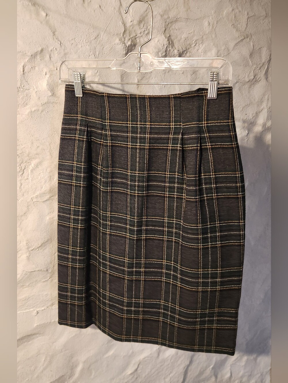 Vintage 90s Plaid Wool Blend Knee Length Skirt Forest Green Gold High Waisted S